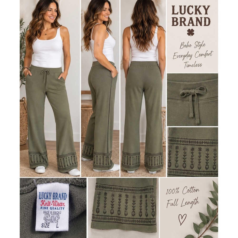 Lucky Brand Knit-Wear Y2K Olive Embroidered Pants Size L 100% Cotton